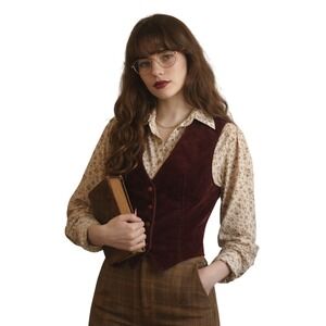 Vintage JR THINGS Corduroy Vest Burgundy Button Front 1970s Academia